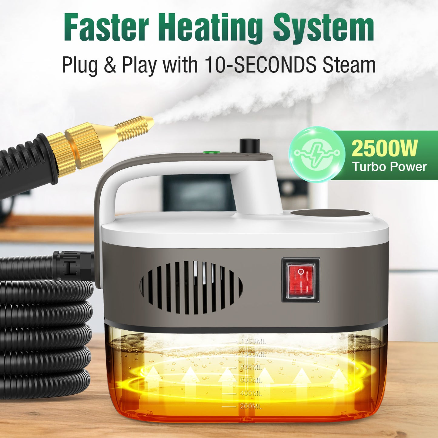 Steam Cleaner,10s Rapid Heating Steamer with 6 Levels,1.2L Water Tank,Portable Powerful Steamer for Cleaning without chemicals,Handheld Steam Cleaner for Grease,Dirt, Grout, Tile,Floor, Car