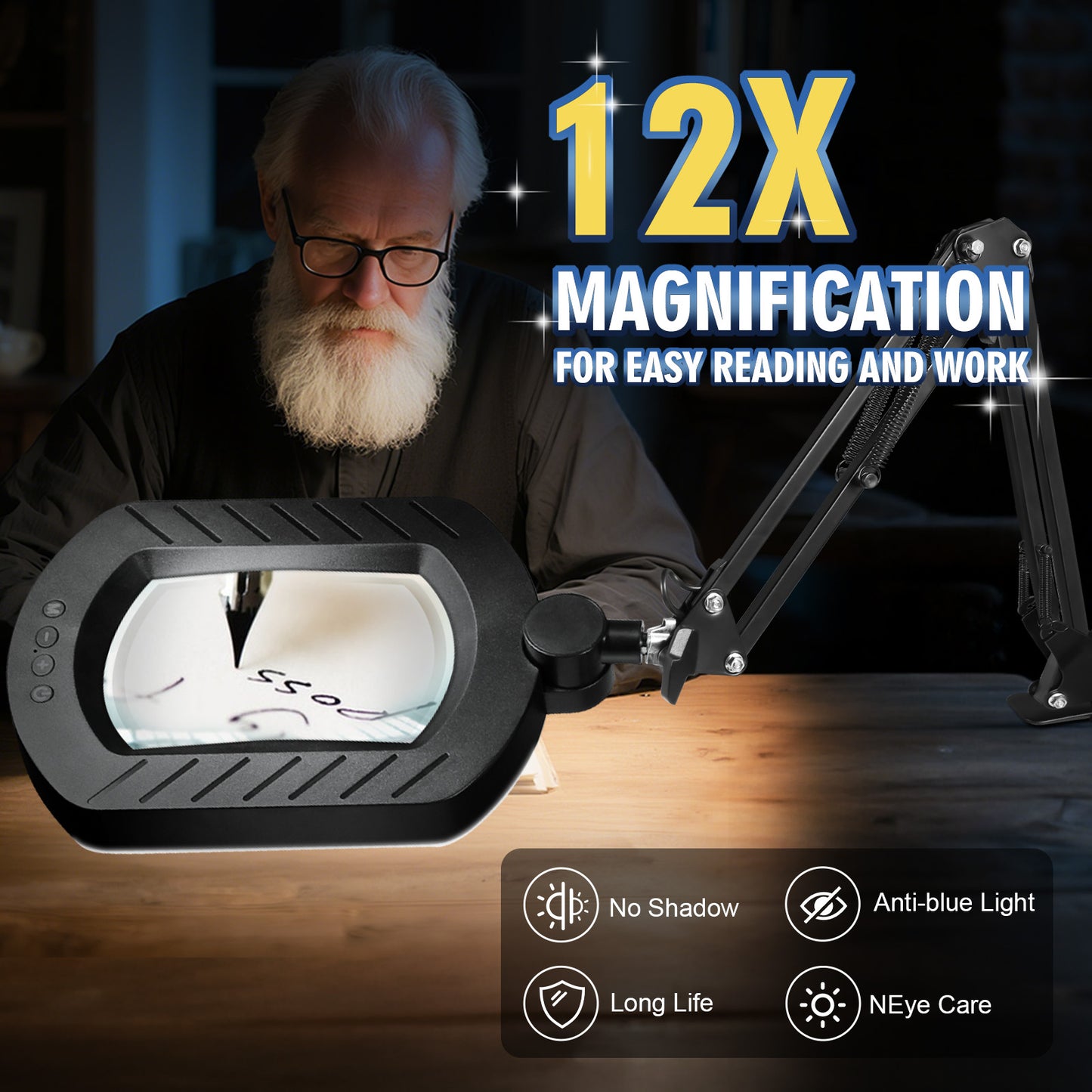 12X Square Magnifying Glass with Light and Stand with 144 LEDs Brightiness, 5 Color Modes Hands Free Lighted Magnifying Glass, 10 Dimmable Brightness Magnifying Desk Lamp for Close Work Craft Reading