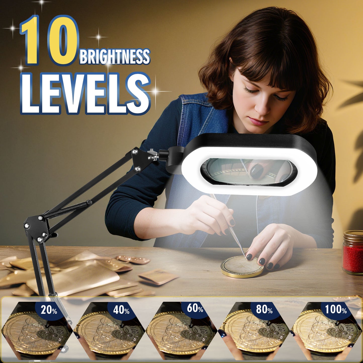 12X Square Magnifying Glass with Light and Stand with 144 LEDs Brightiness, 5 Color Modes Hands Free Lighted Magnifying Glass, 10 Dimmable Brightness Magnifying Desk Lamp for Close Work Craft Reading