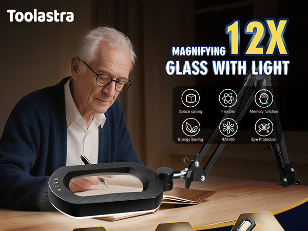 12X Square Magnifying Glass with Light and Stand with 144 LEDs Brightiness, 5 Color Modes Hands Free Lighted Magnifying Glass, 10 Dimmable Brightness Magnifying Desk Lamp for Close Work Craft Reading