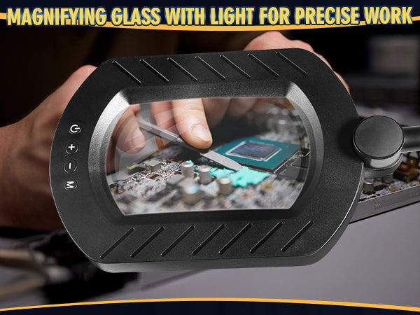 12X Square Magnifying Glass with Light and Stand with 144 LEDs Brightiness, 5 Color Modes Hands Free Lighted Magnifying Glass, 10 Dimmable Brightness Magnifying Desk Lamp for Close Work Craft Reading