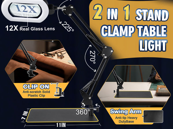 12X Square Magnifying Glass with Light and Stand with 144 LEDs Brightiness, 5 Color Modes Hands Free Lighted Magnifying Glass, 10 Dimmable Brightness Magnifying Desk Lamp for Close Work Craft Reading