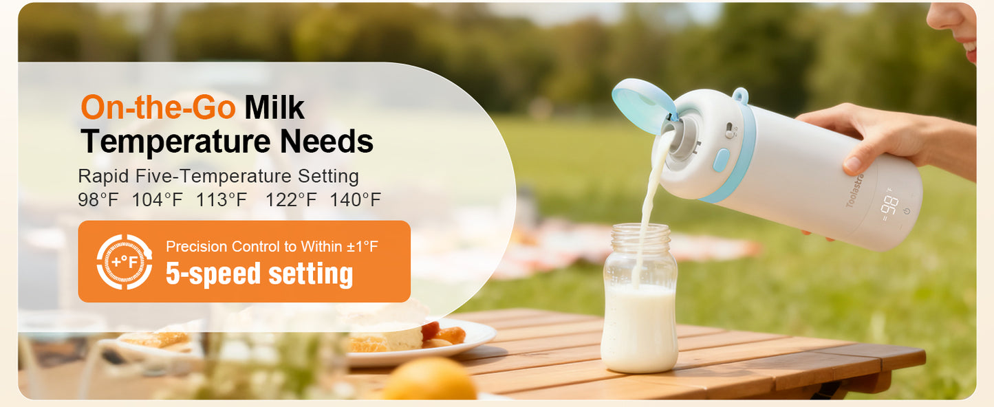 Toolastra Portable Bottle Warmer for Baby on the Go, 16.91oz 100% Faster Heating & Precise Temperature Control, Leak-Proof Design, Child Safety Lock, Ideal for Travel, Formula & Breast Milk Warmer