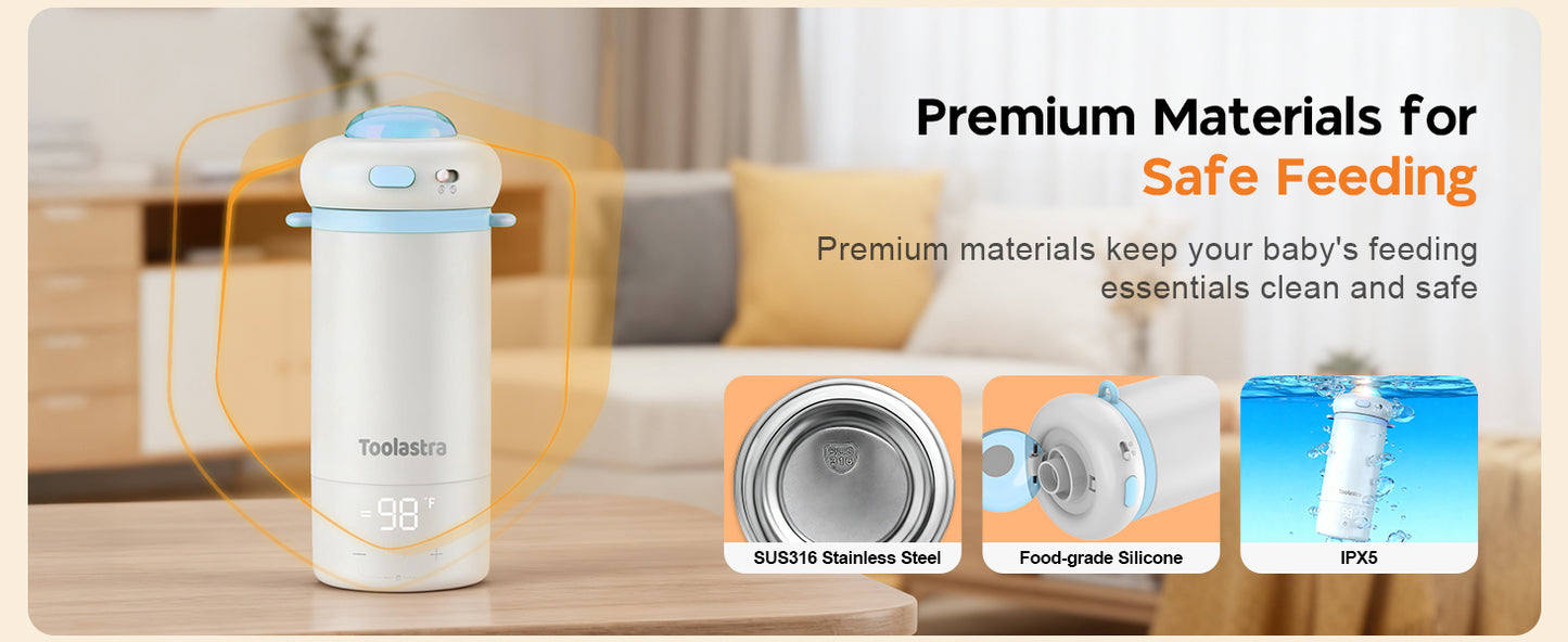 Toolastra Portable Bottle Warmer for Baby on the Go, 16.91oz 100% Faster Heating & Precise Temperature Control, Leak-Proof Design, Child Safety Lock, Ideal for Travel, Formula & Breast Milk Warmer