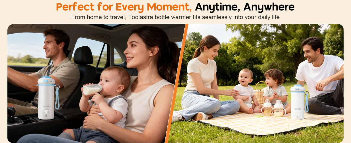 Toolastra Portable Bottle Warmer for Baby on the Go, 16.91oz 100% Faster Heating & Precise Temperature Control, Leak-Proof Design, Child Safety Lock, Ideal for Travel, Formula & Breast Milk Warmer