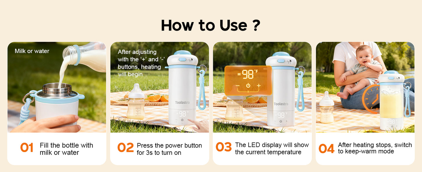 Toolastra Portable Bottle Warmer for Baby on the Go, 16.91oz 100% Faster Heating & Precise Temperature Control, Leak-Proof Design, Child Safety Lock, Ideal for Travel, Formula & Breast Milk Warmer