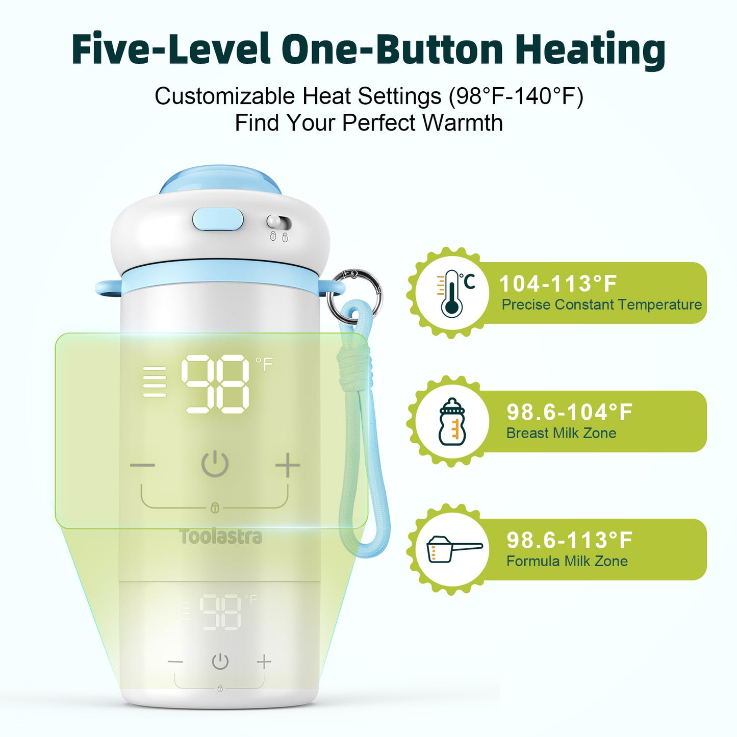 Toolastra Portable Bottle Warmer for Baby on the Go, 16.91oz 100% Faster Heating & Precise Temperature Control, Leak-Proof Design, Child Safety Lock, Ideal for Travel, Formula & Breast Milk Warmer