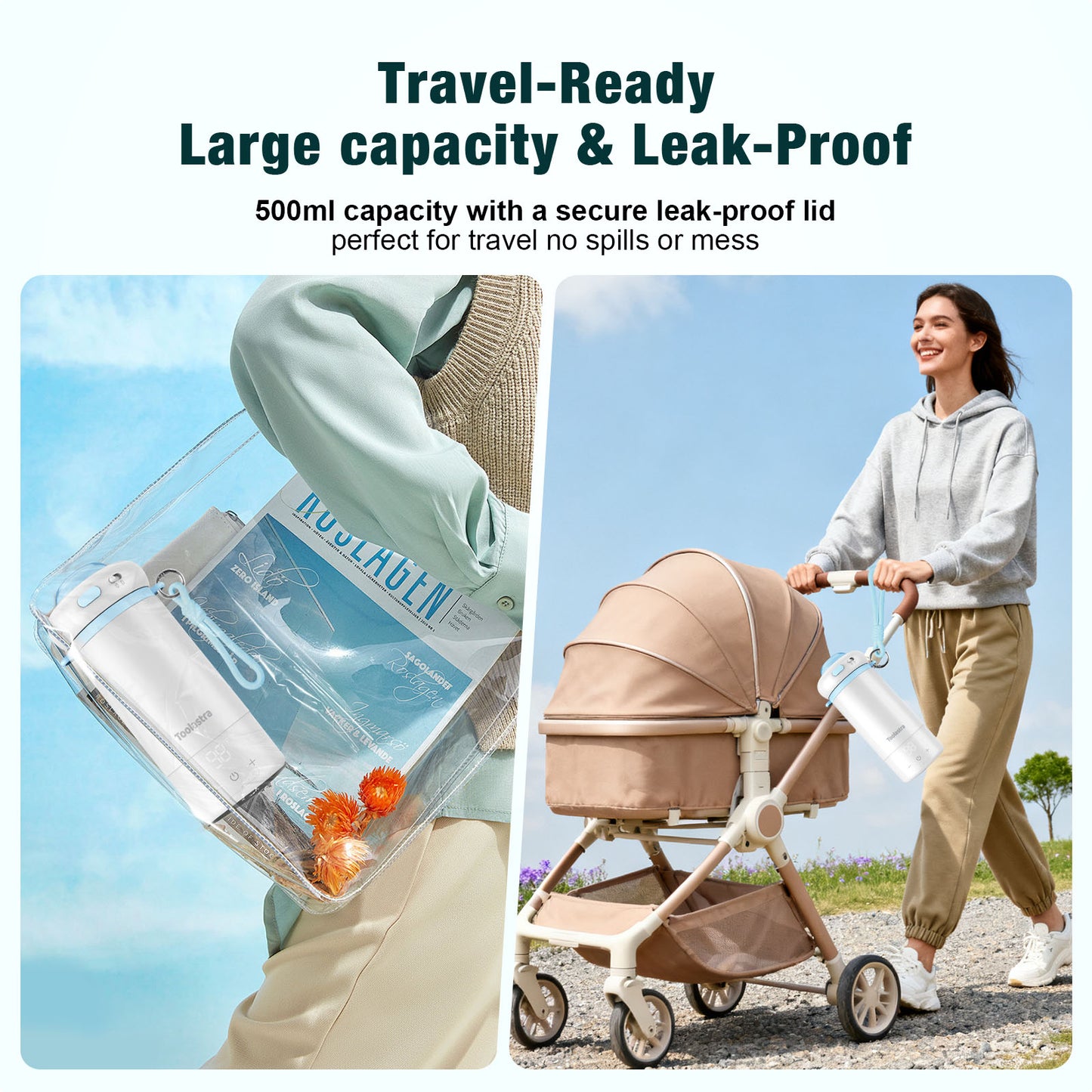 Toolastra Portable Bottle Warmer for Baby on the Go, 16.91oz 100% Faster Heating & Precise Temperature Control, Leak-Proof Design, Child Safety Lock, Ideal for Travel, Formula & Breast Milk Warmer