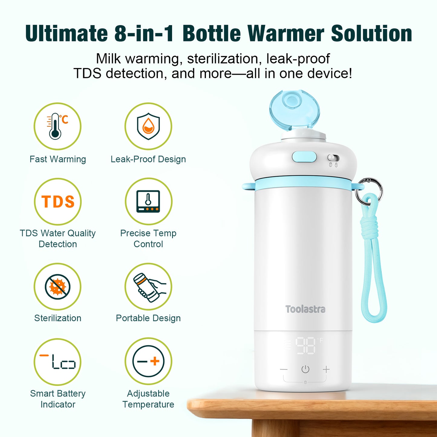 Toolastra Portable Bottle Warmer for Baby on the Go, 16.91oz 100% Faster Heating & Precise Temperature Control, Leak-Proof Design, Child Safety Lock, Ideal for Travel, Formula & Breast Milk Warmer