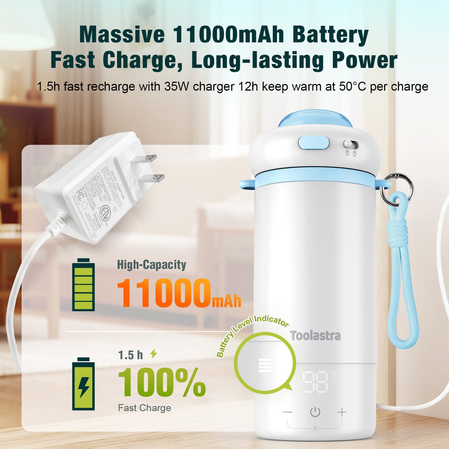 Toolastra Portable Bottle Warmer for Baby on the Go, 16.91oz 100% Faster Heating & Precise Temperature Control, Leak-Proof Design, Child Safety Lock, Ideal for Travel, Formula & Breast Milk Warmer