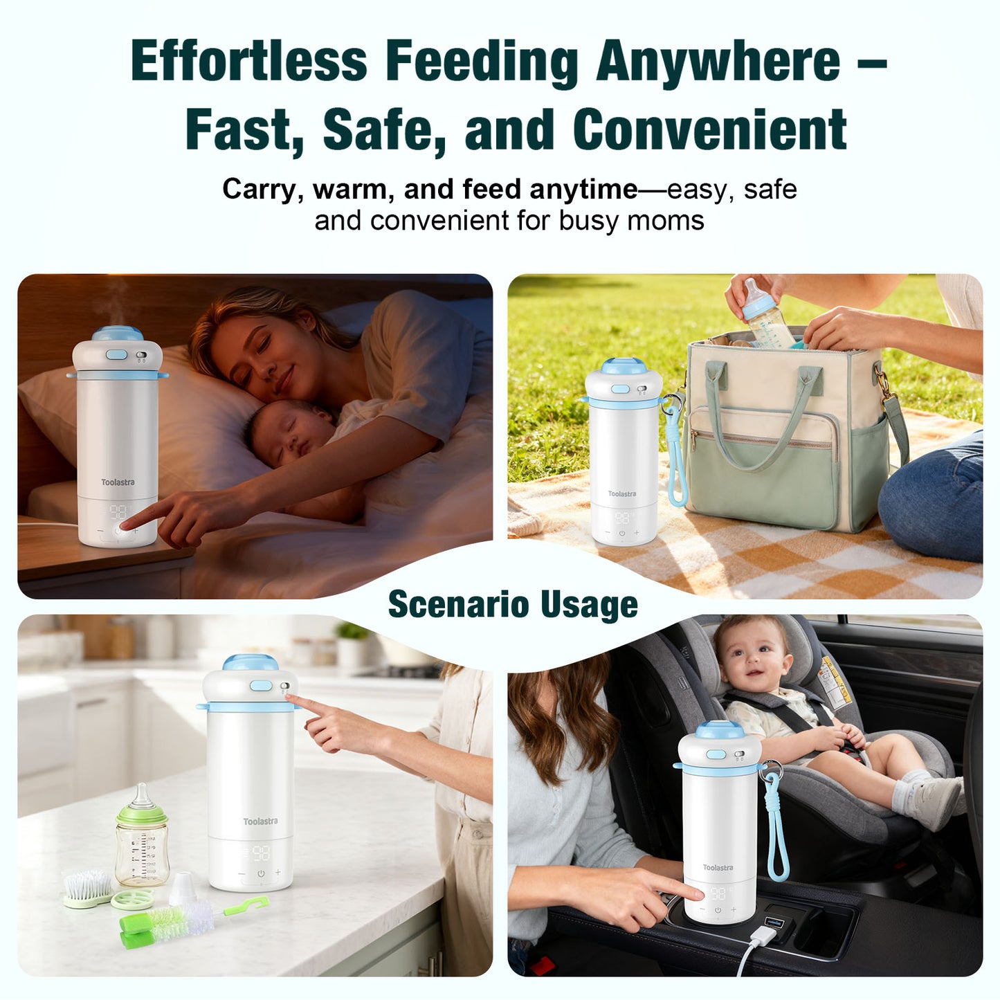 Toolastra Portable Bottle Warmer for Baby on the Go, 16.91oz 100% Faster Heating & Precise Temperature Control, Leak-Proof Design, Child Safety Lock, Ideal for Travel, Formula & Breast Milk Warmer